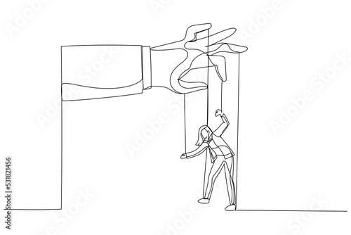Illustration of woman as a marionette controlled. Single continuous line art style