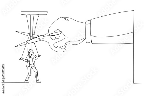 Cartoon of giant hand with scissors cutting the strings attached to businesswoman. Metaphor for freedom, independent, liberation. Single line art style