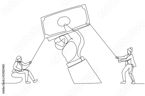 Drawing of businesswoman pull money in the hands of giants. Continuous line art