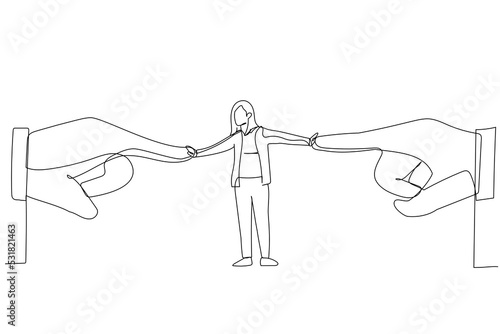 Cartoon of businesswoman resisting pressure from two pointing giant hand. One line style art