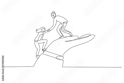 Drawing of businesswoman helps companion climb to the giant hand. Single continuous line art