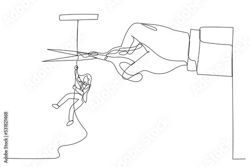 Drawing of businesswoman climbing on rope meanwhile a giant hand with scissors cutting the rope. Continuous line art style