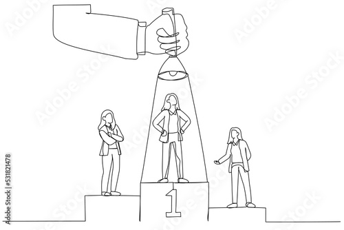 Illustration of businesswoman on podium, one among them being flash lighted by big hand from top using flashlight. Single line art style
