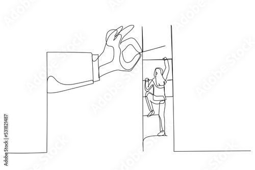 Cartoon of big hand help businesswoman build ladder. One line art style