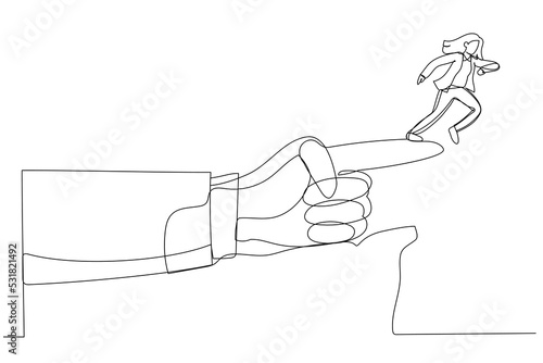 Cartoon of giant hand pointing to the wrong way to a businesswoman. One line style art