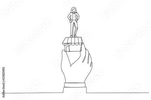Illustration of success businesswoman holding winner flag on small store in giant hand. Metaphor for small business idea, successful entrepreneur. Single continuous line art