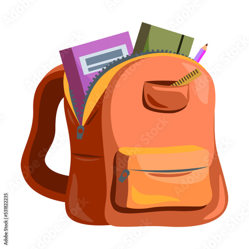Cartoon primary schoolbag. Backpack with supplies in open pockets, colorful bright bags and rucksacks. Vector illustration