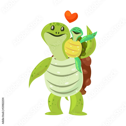 Cute happy turtle with a baby. Funny cartoon character dancing, sleeping, eating, enjoying leisure. Flat vector illustration for animals or wildlife concept