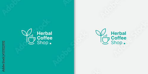 Nature coffee shop logo concept with herbal and coffee cup design template