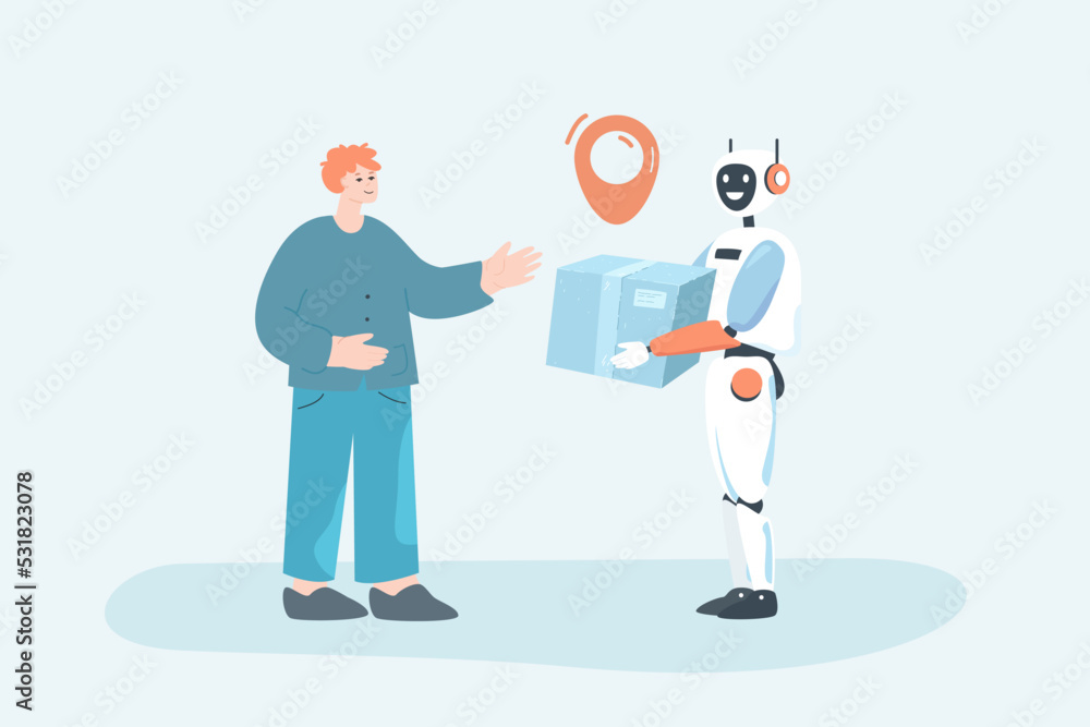 Robot delivering parcel flat vector illustration. Transportation, innovation, delivery, artificial intelligence concept for banner, website design or landing web page Robot delivering parcel flat vector illustration. Transportation, innovation, delivery, artificial intelligence concept for banner, website design or landing web page
