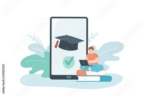 Boy studying online flat vector illustration. Online education, distance learning, e-learning, knowledge, internet concept for banner, website design or landing web page