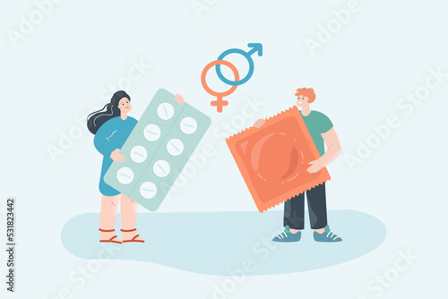 Woman and man holding condoms and birth control pills. Sexual health flat vector illustration. Safety, protection, healthcare concept for banner, website design or landing web page