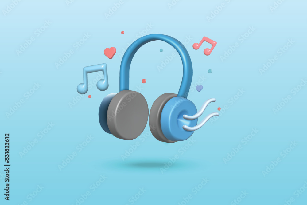 Fototapeta premium Listening music concept on blue background. Headphones music note icon 3d vector illustration design.