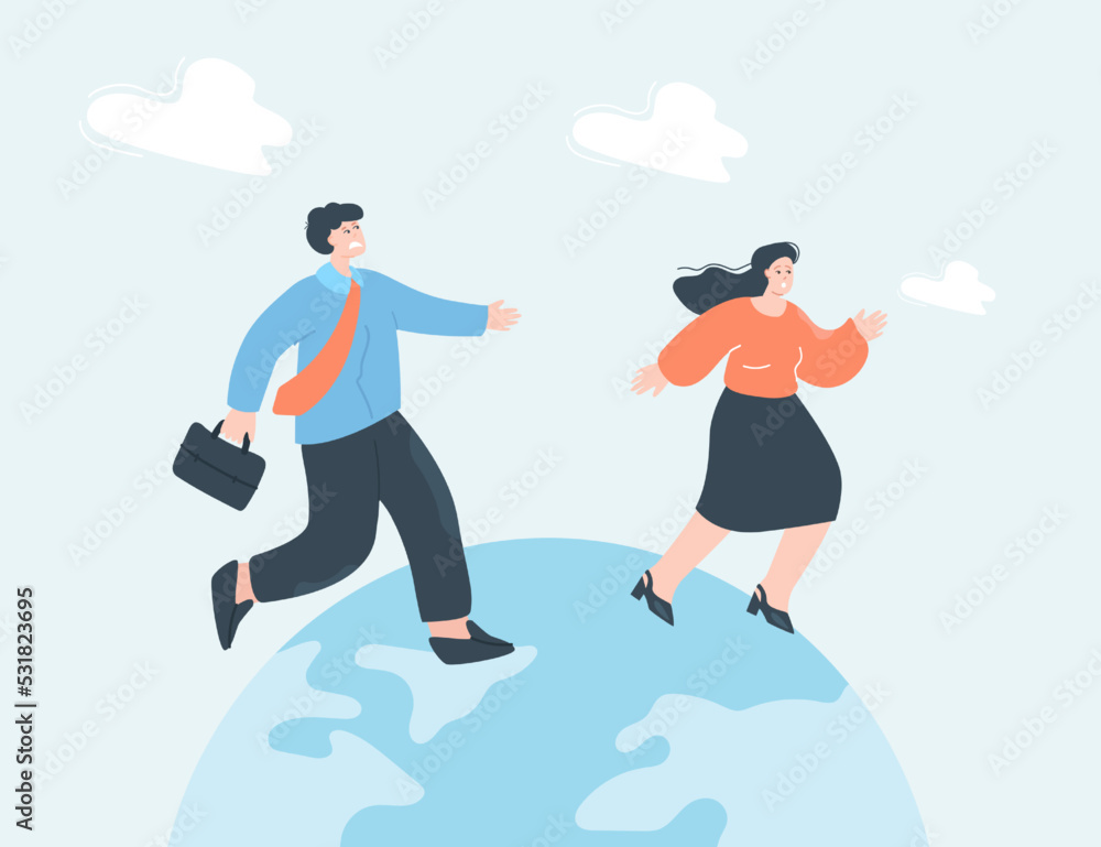 Male and female employee in hurry flat vector illustration. People rushing to work. Career, deadline, urgency, workplace, occupation concept for banner, website design or landing web page