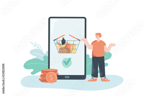 Man doing grocery shopping online flat vector illustration. Male character ordering food through mobile app. E-commerce, shopping, payment concept for banner, website design or landing web page