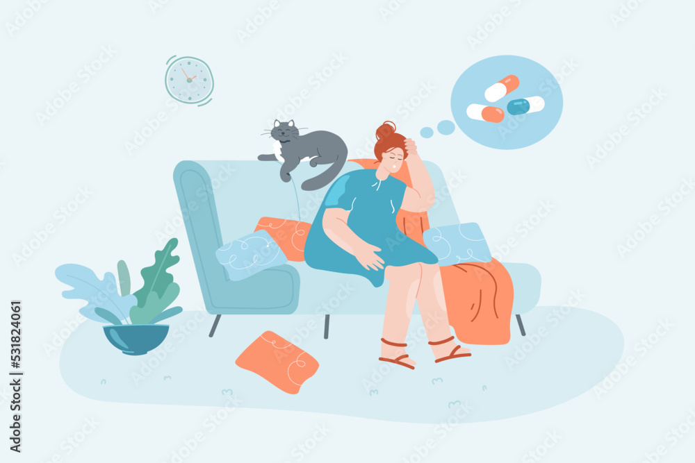 Girl sitting on sofa, having headache flat vector illustration. Woman feeling unwell, thinking about pills or medication. Healthcare concept for banner, website design or landing web page Girl sitting on sofa, having headache flat vector illustration. Woman feeling unwell, thinking about pills or medication. Healthcare concept for banner, website design or landing web page