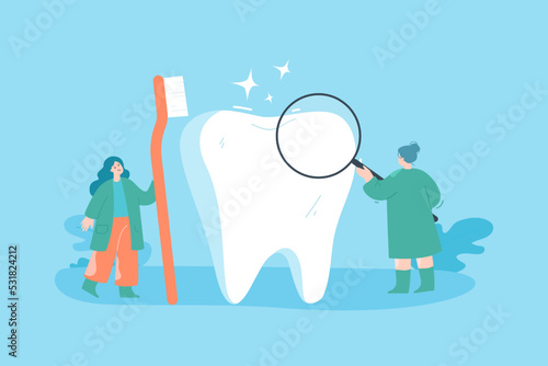 Girl looking at tooth through magnifier flat vector illustration. Female character brushing huge tooth, taking care of dental health. Hygiene concept for banner, website design or landing web page