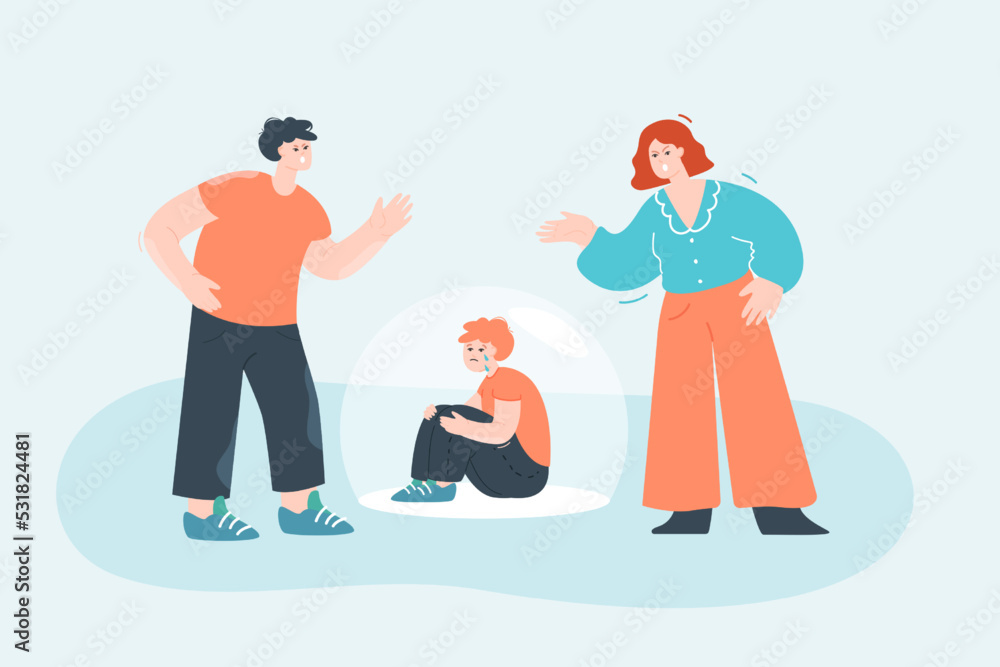 Kid crying while his parents arguing flat vector illustration. Little son feeling sad. Wife and husband having relationship issues. Conflict concept for banner, website design or landing web page