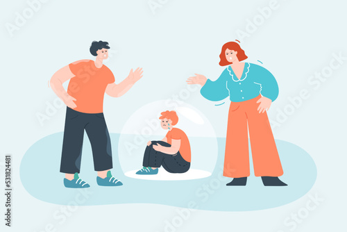 Kid crying while his parents arguing flat vector illustration. Little son feeling sad. Wife and husband having relationship issues. Conflict concept for banner, website design or landing web page