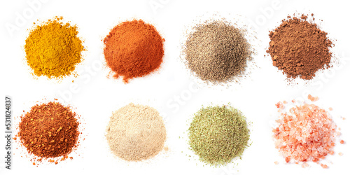 Top view Mixed of Spicy and herb , Collection of spicy and herb isolated on white background. Flat lay