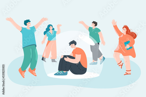 Depressed boy sitting on floor flat vector illustration. Man unable to communicate with friends. Emotion, frustration, loneliness, psychology concept for banner, website design or landing web page photo