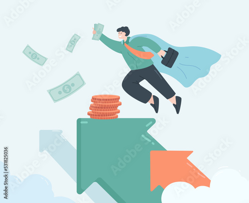 Employee in superhero robe with money flat vector illustration. Successful man flying, achieving financial goals. Finance, wealth, development concept for banner, website design or landing web page