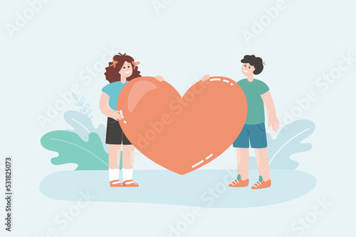 Girl and boy holding huge heart flat vector illustration. Little cartoon characters falling in love. Romance, care, valentine concept for banner, website design or landing web page