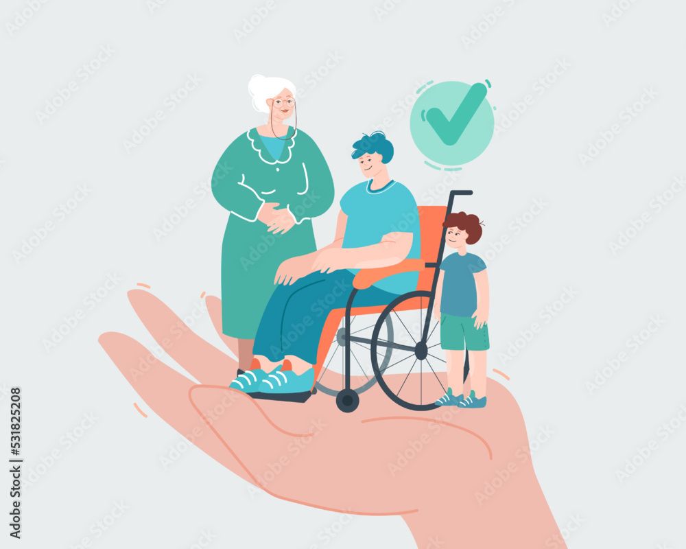 Elderly woman, man with disability and kid in caring hand. Protection of vulnerable people flat vector illustration. Care, help, assistance concept for banner, website design or landing web page - obrazy, fototapety, plakaty 