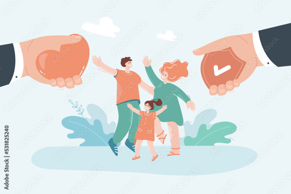 Fototapeta premium Huge hand giving heart and shield to family. Family protection flat vector illustration. Life insurance, assistance, healthcare concept for banner, website design or landing web page