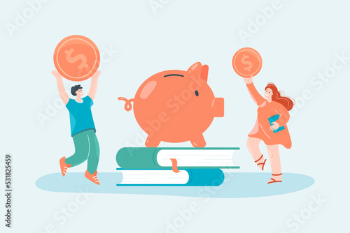 People putting coins into piggy bank flat vector illustration. Tiny man and woman saving money. Finance, banking, economy, budget concept for banner, website design or landing web page