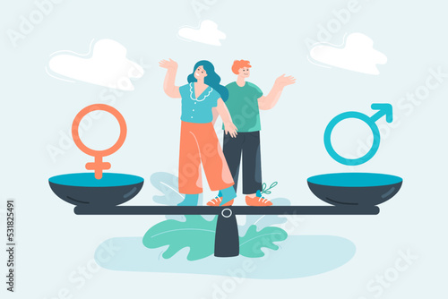 Feminine and masculine symbols balancing on scale. Gender equality flat vector illustration. Feminism, justice, comparison, difference concept for banner, website design or landing web page
