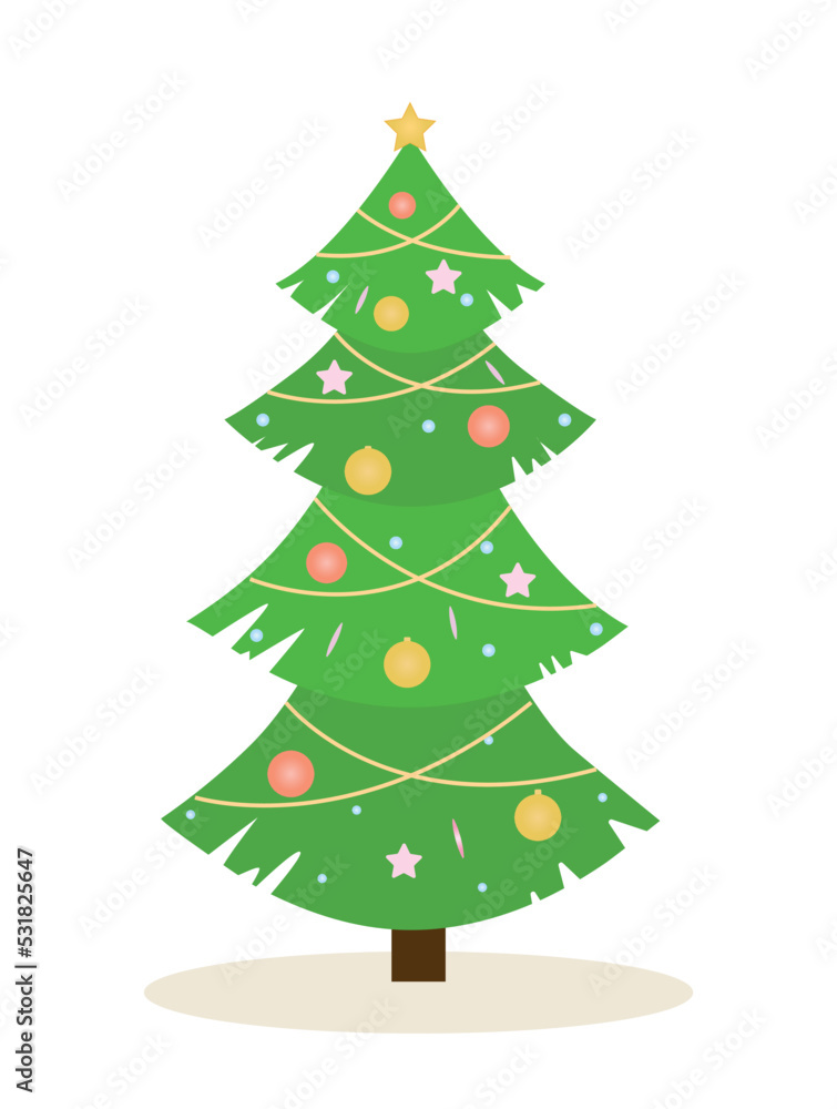Merry Christmas and Happy New Year. Unusual Christmas tree with cut edges, decorated with stars, snowflakes and garland. Design element for holiday party invitation. Cartoon flat vector illustration Merry Christmas and Happy New Year. Unusual Christmas tree with cut edges, decorated with stars, snowflakes and garland. Design element for holiday party invitation. Cartoon flat vector illustration