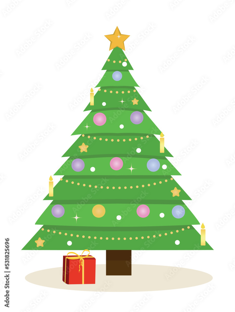Merry Christmas and Happy New Year. Beautiful geometric Christmas tree with candles, gift and star. Design element for invitation and congratulation on winter holiday. Cartoon flat vector illustration Merry Christmas and Happy New Year. Beautiful geometric Christmas tree with candles, gift and star. Design element for invitation and congratulation on winter holiday. Cartoon flat vector illustration