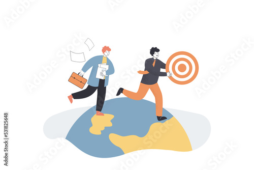 Employees with target and suitcase in hurry. Male character trying to achieve goal flat vector illustration. Career, development concept for banner, website design or landing web page