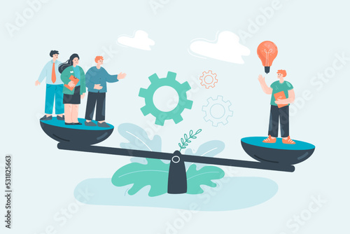 Man with lightbulb and team on scale flat vector illustration. Innovation, invention, startup, creative idea, comparison concept for banner, website design or landing web page