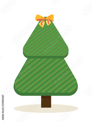 Merry Christmas and Happy New Year. Funny geometric triangular Christmas tree with striped pattern, bell and bow on top. Design element for greeting card or cover. Cartoon flat vector illustration