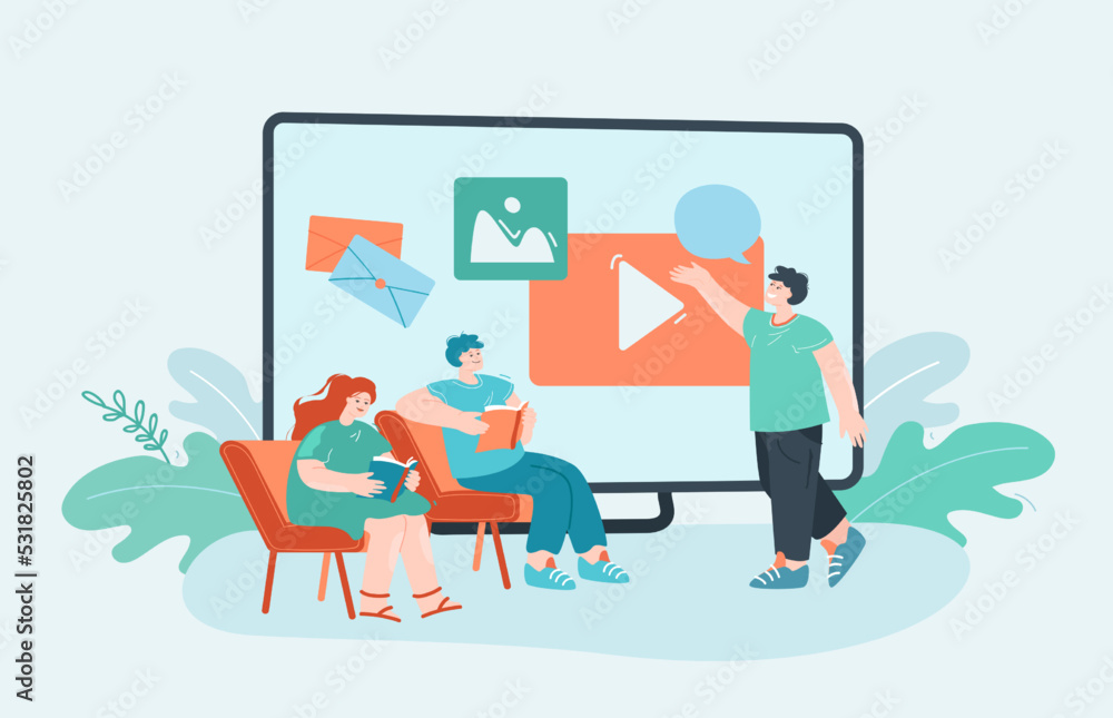 Obraz premium Man conducting workshop on social media flat vector illustration. People sitting and making notes. Education, lesson, conference, presentation concept for banner, website design or landing web page