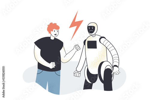 Man arguing with robot flat vector illustration. Competition between human and machine or cyborg. AI, confrontation, artificial intelligence concept for banner, website design or landing web page