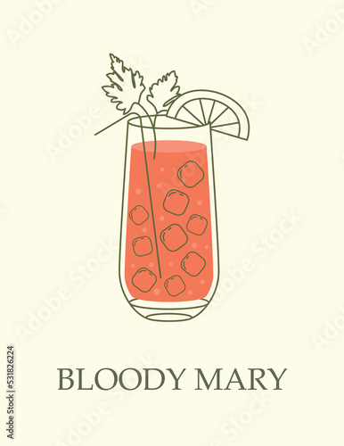 Alcoholic cocktail in goblet. Refreshing drink made from vodka and tomato juice. Red beverage called Bloody Mary. Design element or infographic for bar or price list. Cartoon flat vector illustration