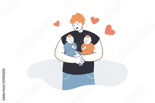 Father holding newborn babies in hands flat vector illustration. Dad taking care of little children. Family, love, care, paternity leave concept for banner, website design or landing web page