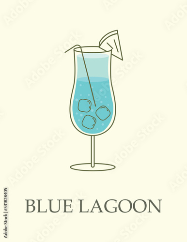 Alcoholic cocktail in goblet concept. Refreshing Blue Lagoon of Curacao, vodka, lemonade and ice cubes. Delicious drink or beverage. Design element for social media. Cartoon flat vector illustration