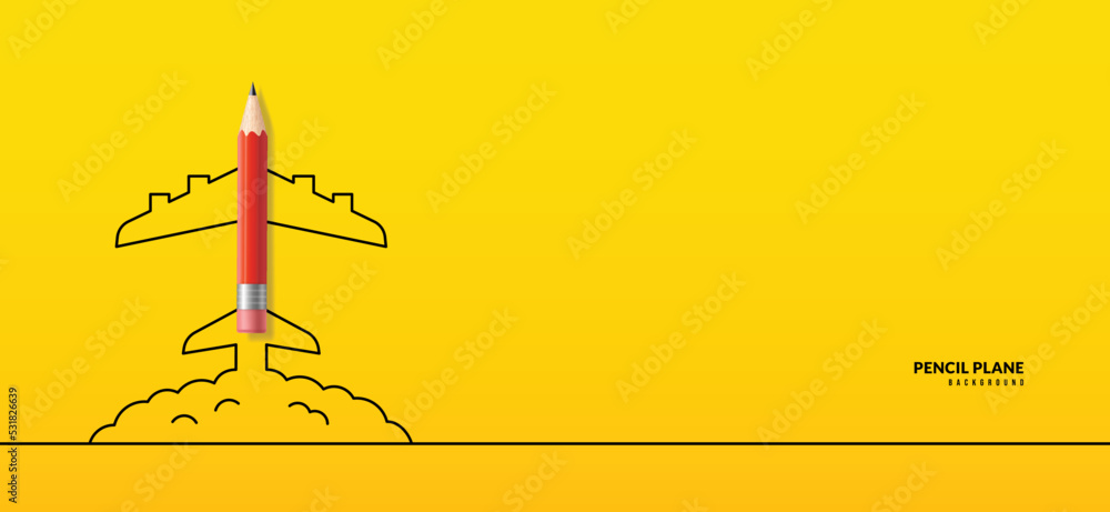 Back to School horizontal banner with pencil plane flying to sky. Online courses, learning and tutorials Web page template. Online education concept Back to School horizontal banner with pencil plane flying to sky. Online courses, learning and tutorials Web page template. Online education concept