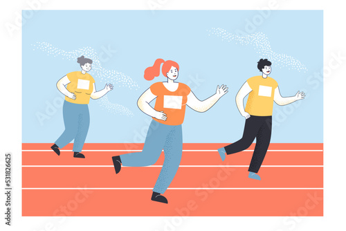 People running marathon flat vector illustration. Young and elderly people competing, doing sport or cardio workout. Competition, fitness concept for banner, website design or landing web page