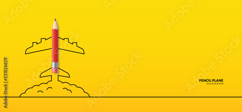 Back to School horizontal banner with pencil plane flying to sky. Online courses, learning and tutorials Web page template. Online education concept