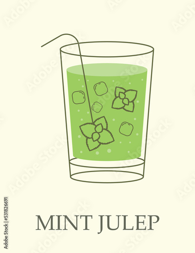 Alcoholic cocktail in goblet concept. Refreshing drink made from bourbon, water, ice cubes and fragrant mint leaves. Popular Mint Julep. Design element for bar menu. Cartoon flat vector illustration