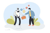 Cyborg giving suitcase to man flat vector illustration. Artificial intelligence, AI, future, assistance, help concept for banner, website design or landing web page