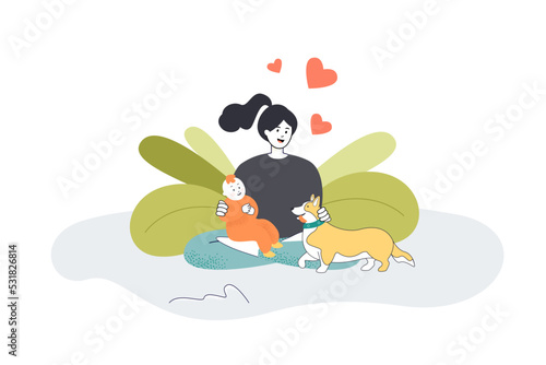 Woman with baby and dog flat vector illustration. Cheerful woman sitting on floor and playing with kid and pet. Love, care, togetherness concept for banner, website design or landing web page