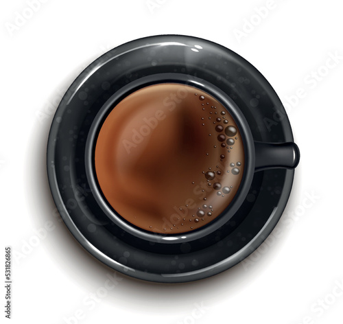 Cup of hot coffee concept. Delicious americano drink with bitter and tart taste and bubbles. Design element for social networks. Top view. Realistic 3D vector illustration on white background
