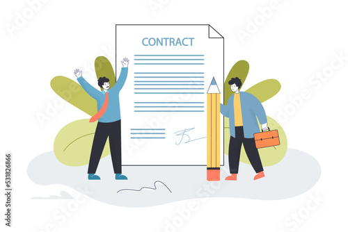Tiny people signing contract flat vector illustration. Male partners making business deal. Business, agreement, cooperation, collaboration concept for banner, website design or landing web page