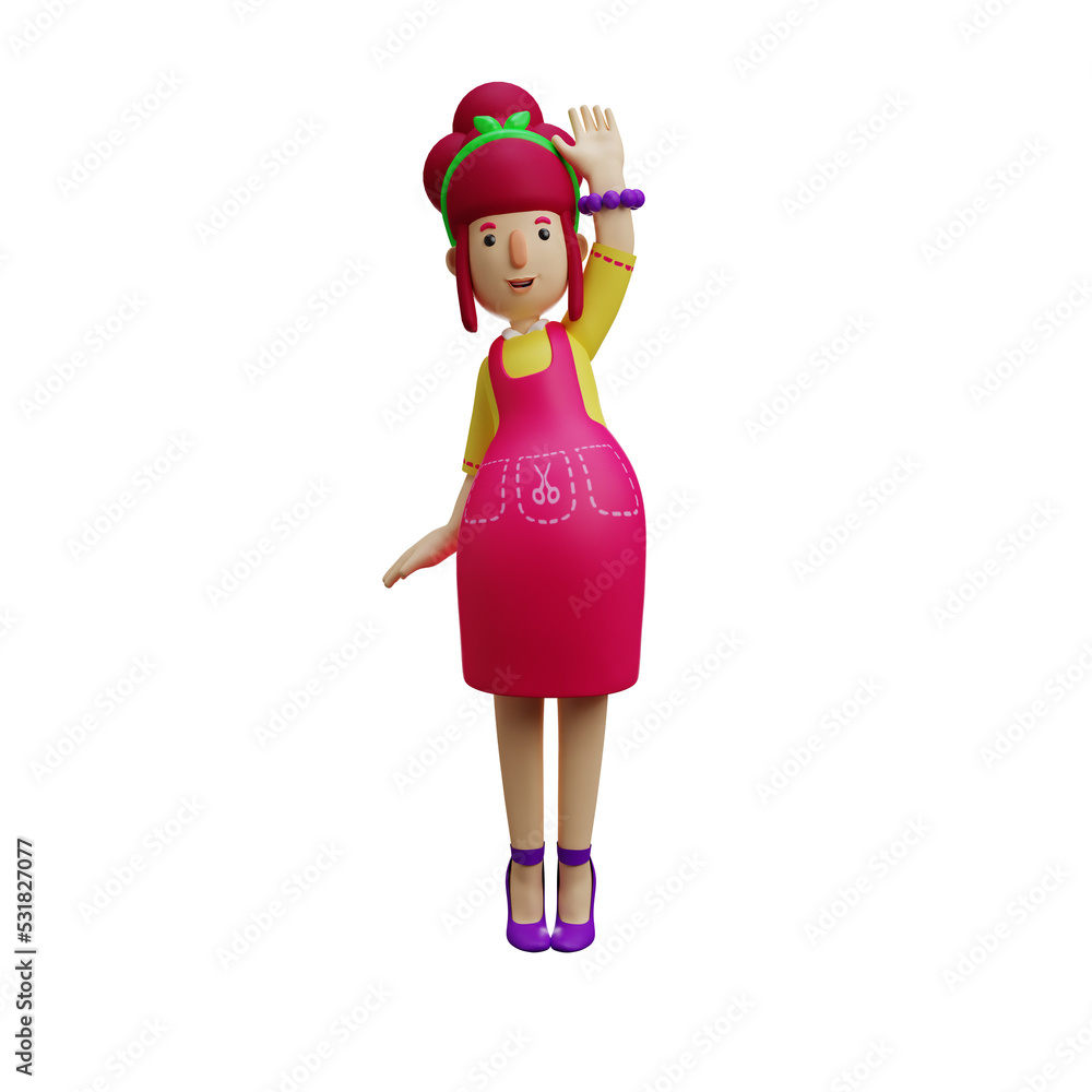 3D illustration. 3D Mother cartoon waving her hand. wearing a purple bracelet. put a pretty smile on the face. 3D Cartoon Character 3D illustration. 3D Mother cartoon waving her hand. wearing a purple bracelet. put a pretty smile on the face. 3D Cartoon Character